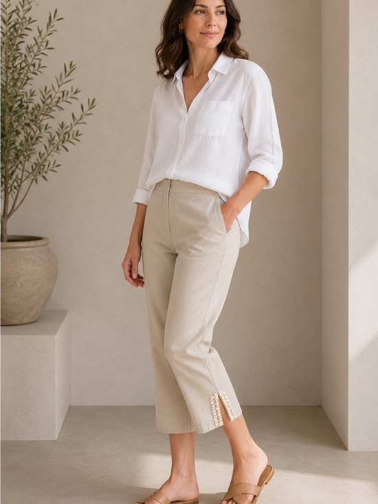 Ruby Rd. Pants - Ruby Rd Linen Blend Embellished Capri Pants Size 14 Beige Cropped Ankle Slit
